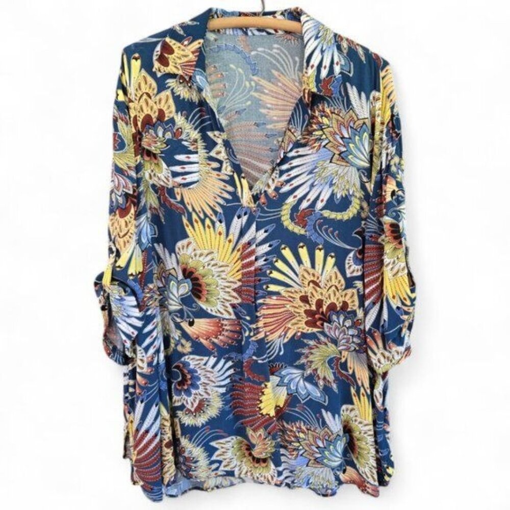 Ekouaer Womens Floral Button-Down Blouse 3/4 Sleeves Lightweight Casual Top Boho